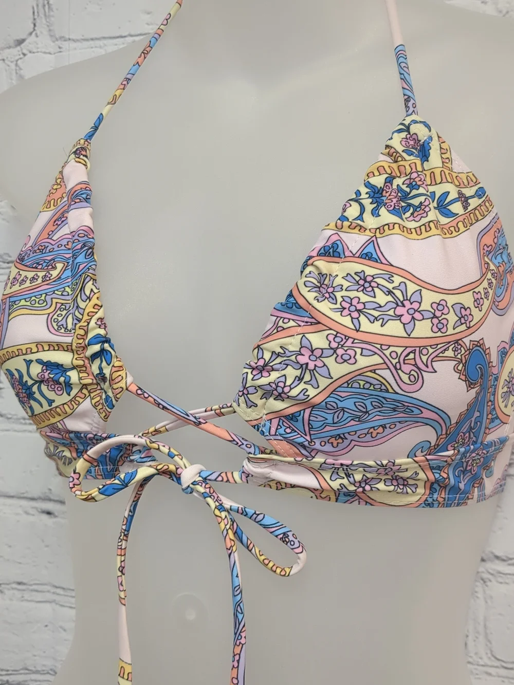 Paisley Print Triangle String Bikini - Pink, Blue & Yellow